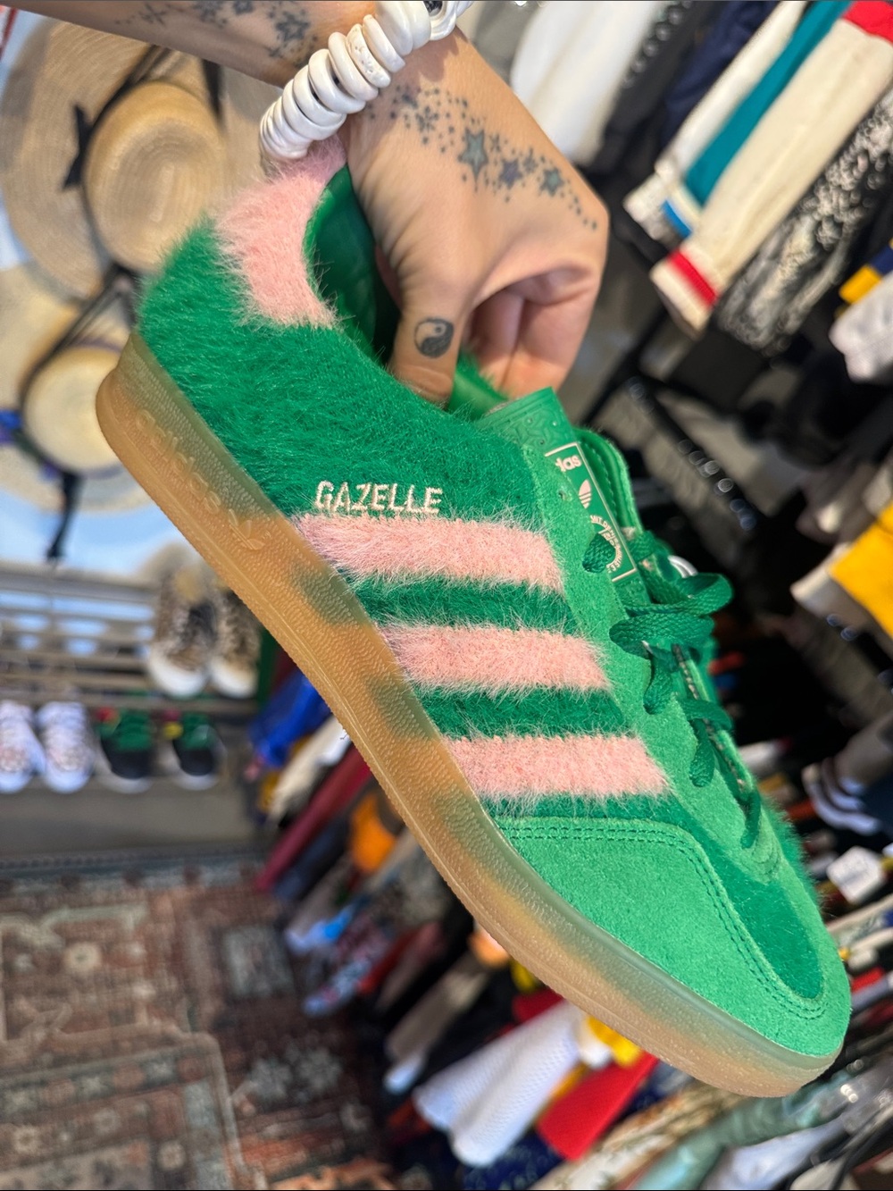 adidas Gazelle Green & Pink Fuzzy Sneakers- NWT!